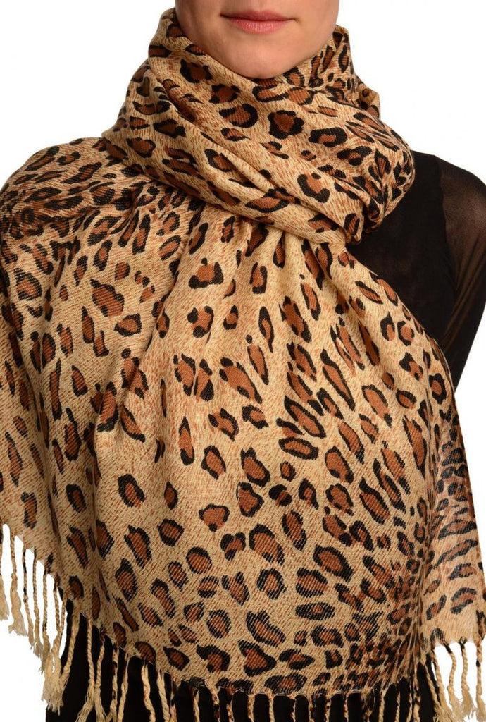 liss kiss Brown Diagonal Leopard On Beige Pashmina Feel With Tassels - Scarf