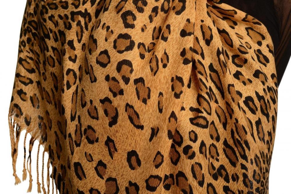 Liss Kiss Brown Diagonal Leopard On Mocha Pashmina Feel With Tassels - Scarf