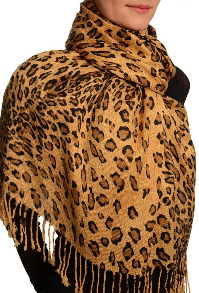 Liss Kiss Brown Diagonal Leopard On Mocha Pashmina Feel With Tassels - Scarf