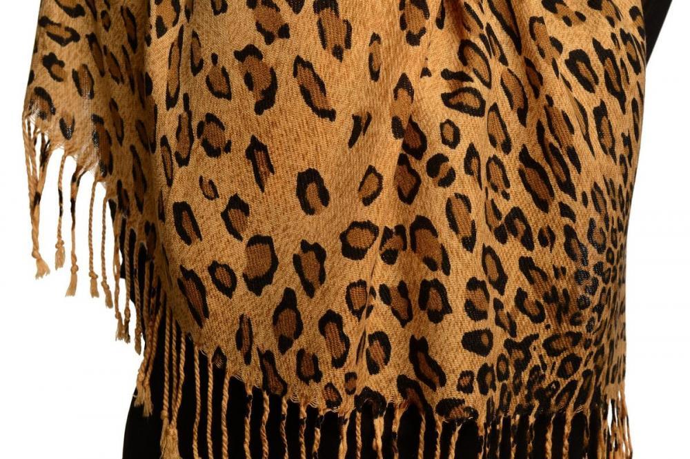 Liss Kiss Brown Diagonal Leopard On Mocha Pashmina Feel With Tassels - Scarf