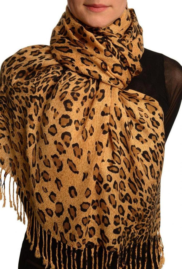 liss kiss Brown Diagonal Leopard On Mocha Pashmina Feel With Tassels - Scarf