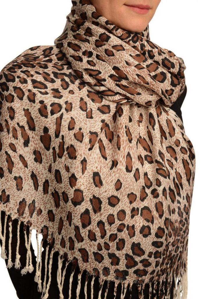 Liss Kiss Brown Diagonal Leopard On White Pashmina Feel With Tassels - Scarf