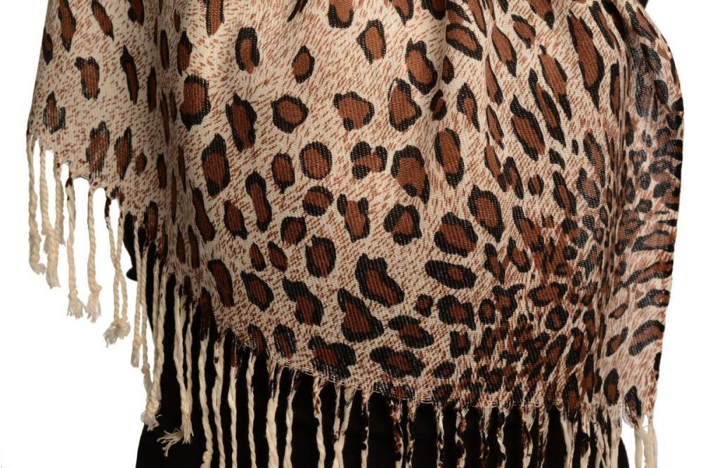 Liss Kiss Brown Diagonal Leopard On White Pashmina Feel With Tassels - Scarf