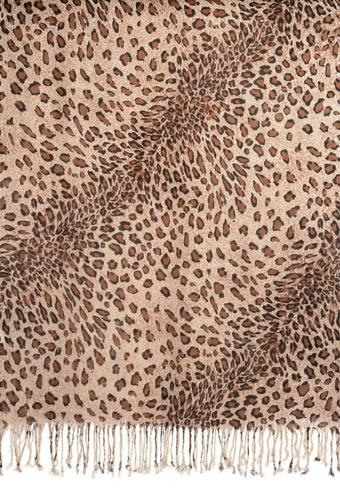Liss Kiss Brown Diagonal Leopard On White Pashmina Feel With Tassels - Scarf
