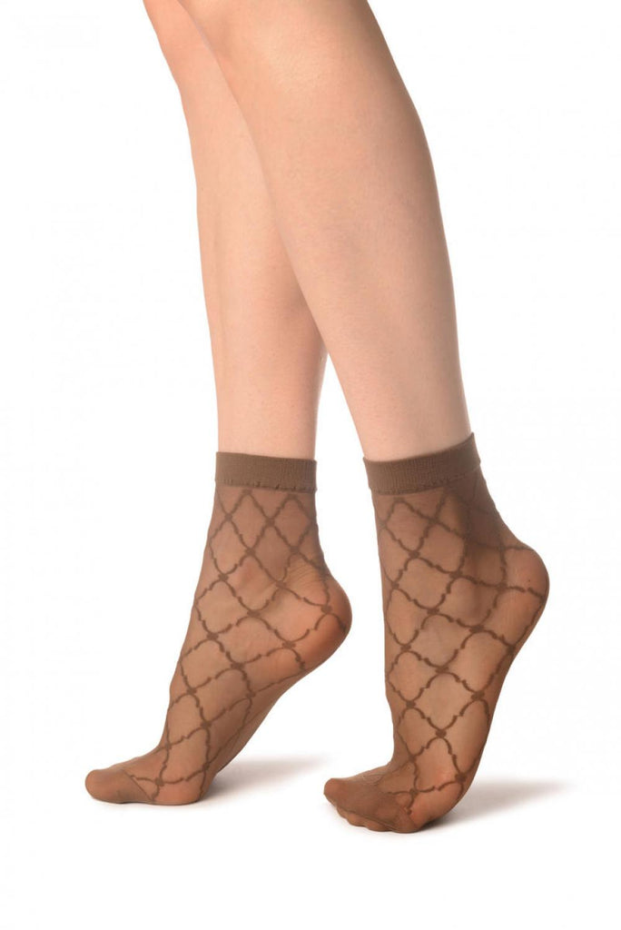 Liss Kiss Brown Dimonds & Dots Ankle High Socks - Socks