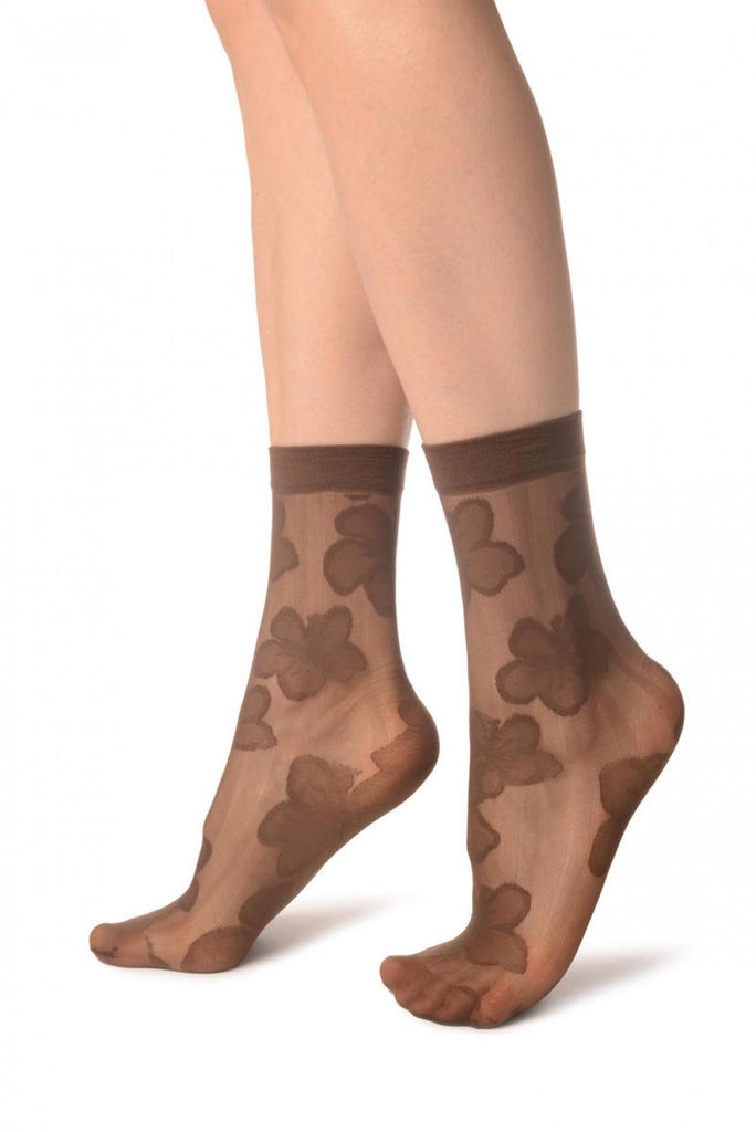 Liss Kiss Brown Flower & Stripes Ankle High Socks - Socks