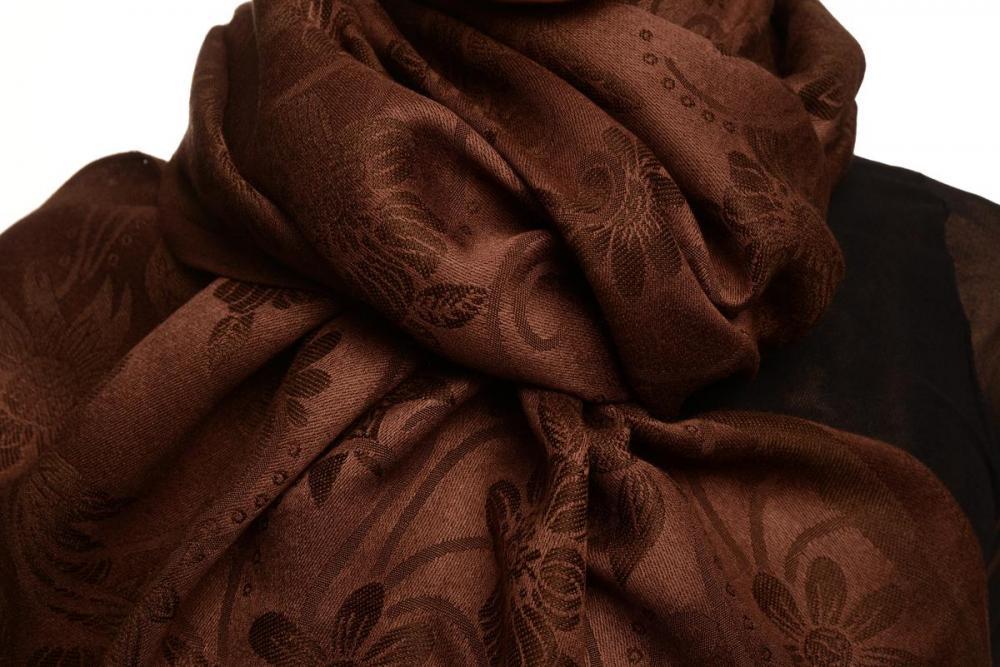 Liss Kiss Brown Garden Flowers On Brown Pashmina With Tassels - Scarf