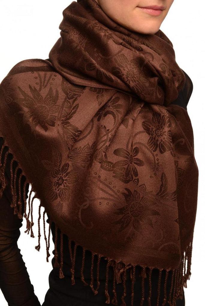 Liss Kiss Brown Garden Flowers On Brown Pashmina With Tassels - Scarf