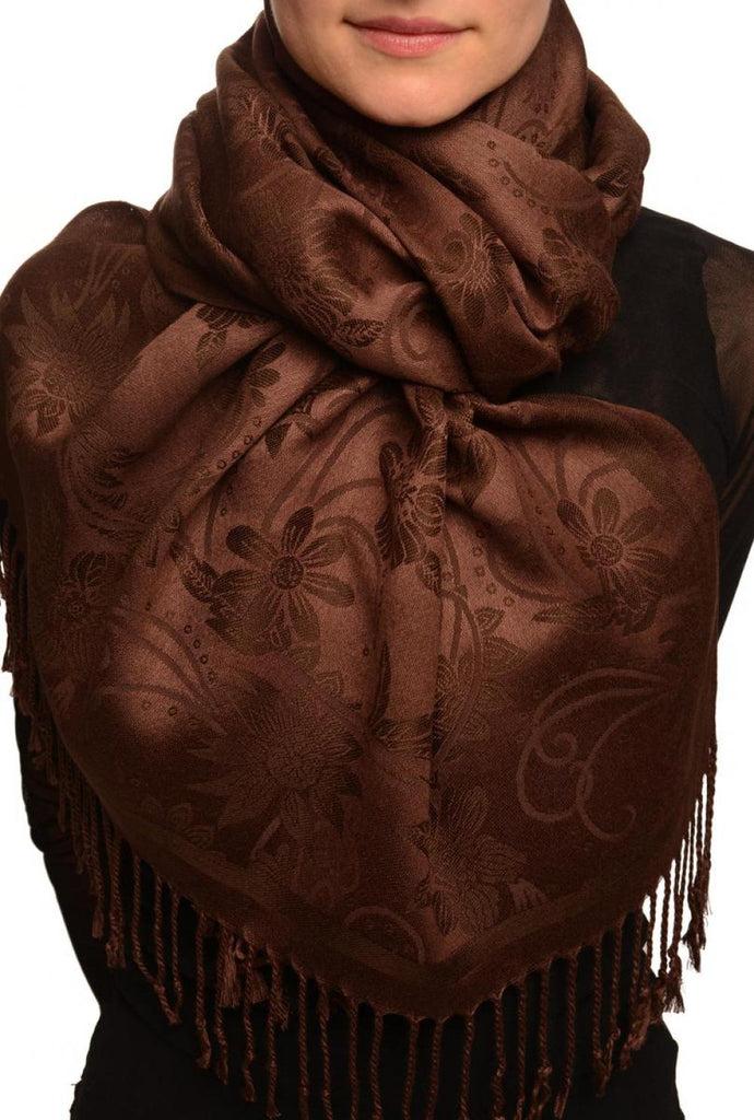 liss kiss Brown Garden Flowers On Brown Pashmina With Tassels - Scarf