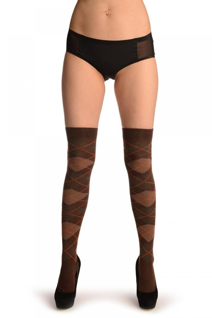 Liss Kiss Brown Grey & Dark Brown Argyle - Over The Knee Socks