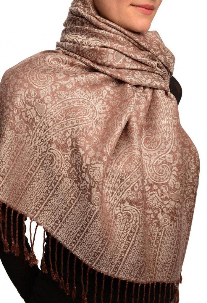 Liss Kiss Brown & Grey Paisleys Pashmina Feel With Tassels - Scarf