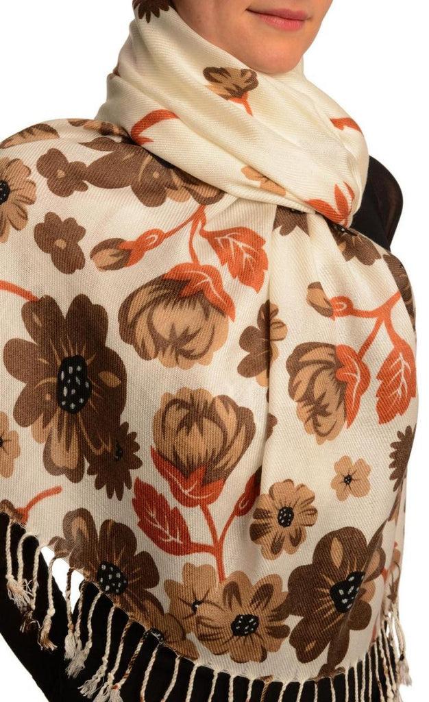 Liss Kiss Brown Large Flowers On White Pashmina Feel With Tassels - Scarf