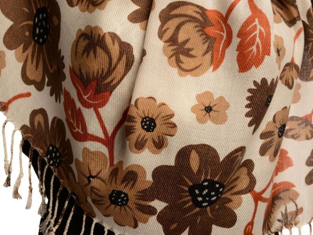 Liss Kiss Brown Large Flowers On White Pashmina Feel With Tassels - Scarf