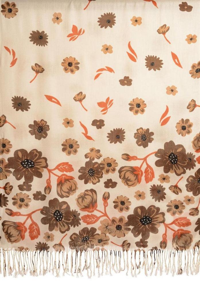 Liss Kiss Brown Large Flowers On White Pashmina Feel With Tassels - Scarf