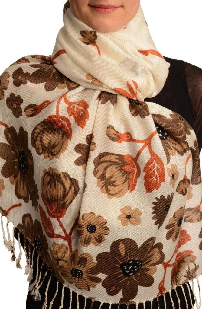 liss kiss Brown Large Flowers On White Pashmina Feel With Tassels - Scarf