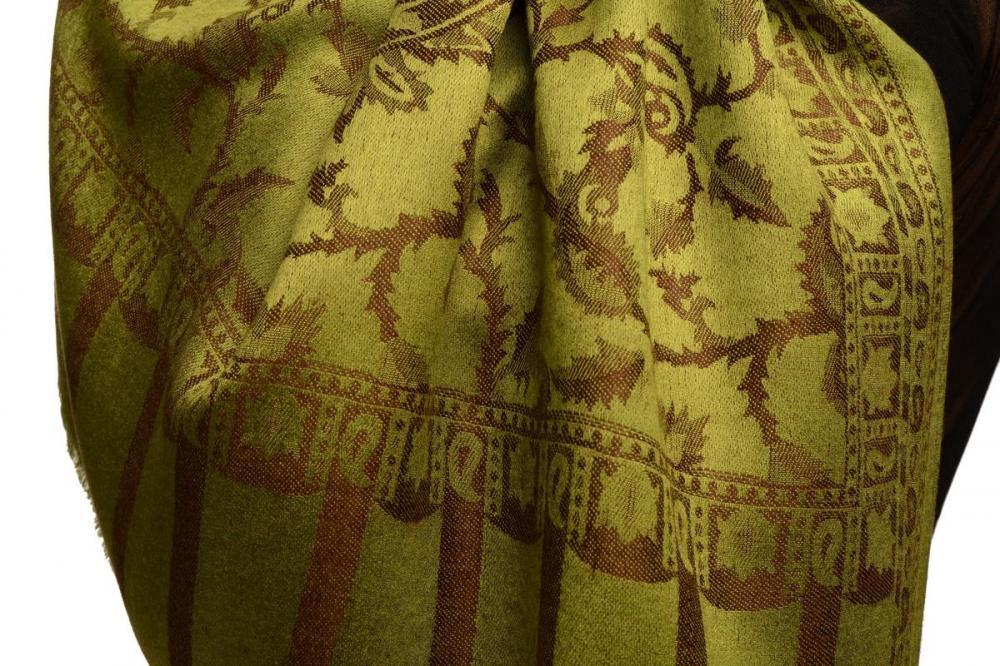Liss Kiss Brown Large Paisley On Olive Green Pashmina Feel - Scarf