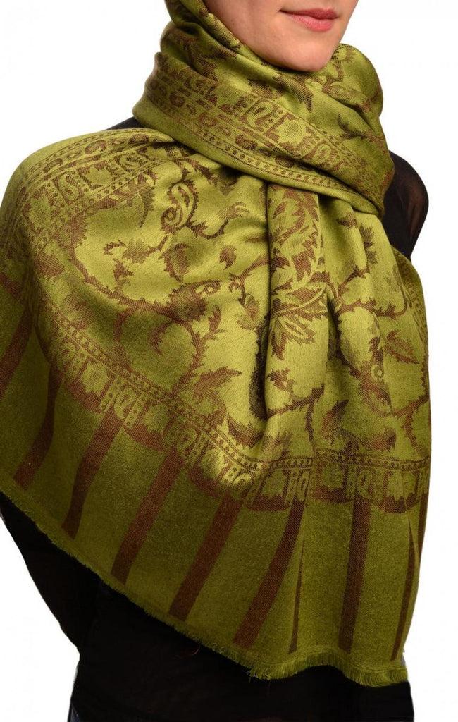Liss Kiss Brown Large Paisley On Olive Green Pashmina Feel - Scarf