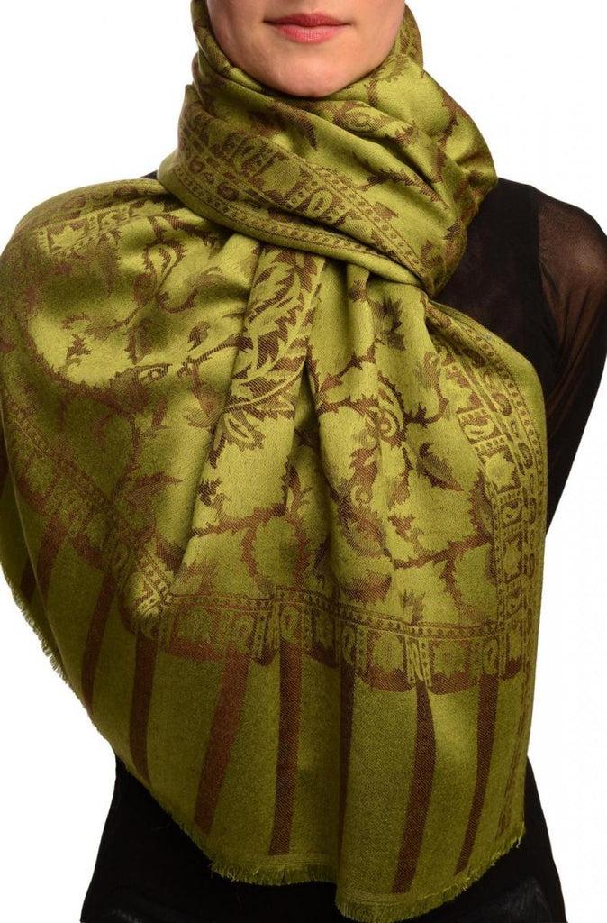 liss kiss Brown Large Paisley On Olive Green Pashmina Feel - Scarf
