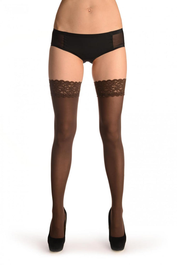 Liss Kiss Brown Luxurious Hold Ups With Floral Silicon Lace 60 Den - Hold Ups