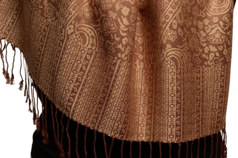 Liss Kiss Brown & Mocha Paisleys Pashmina Feel With Tassels - Scarf