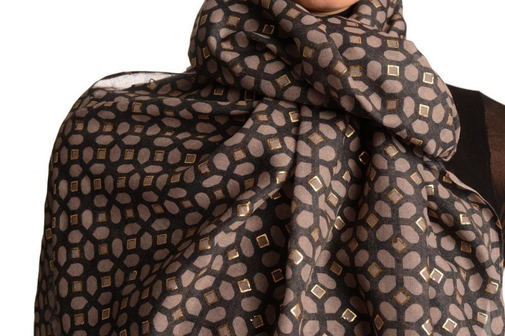 Liss Kiss Brown Moroccan Diamond Grid With Gold Trim On Blue Scarf - Scarf