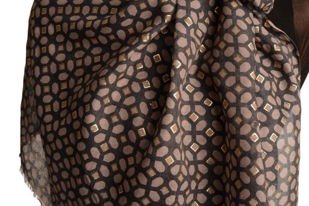 Liss Kiss Brown Moroccan Diamond Grid With Gold Trim On Blue Scarf - Scarf