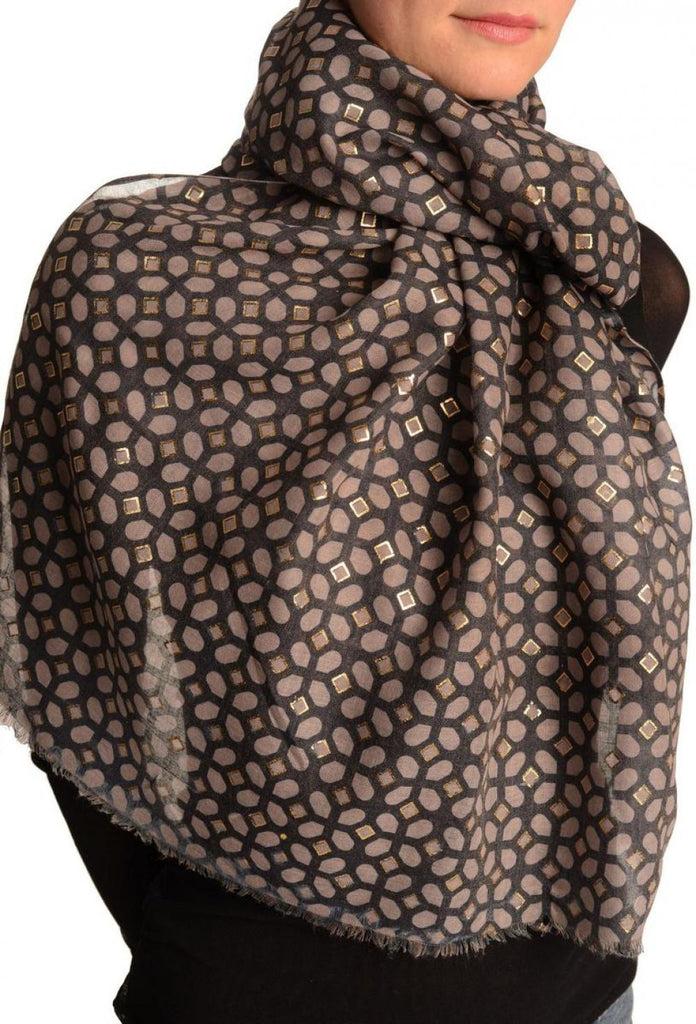 Liss Kiss Brown Moroccan Diamond Grid With Gold Trim On Blue Scarf - Scarf