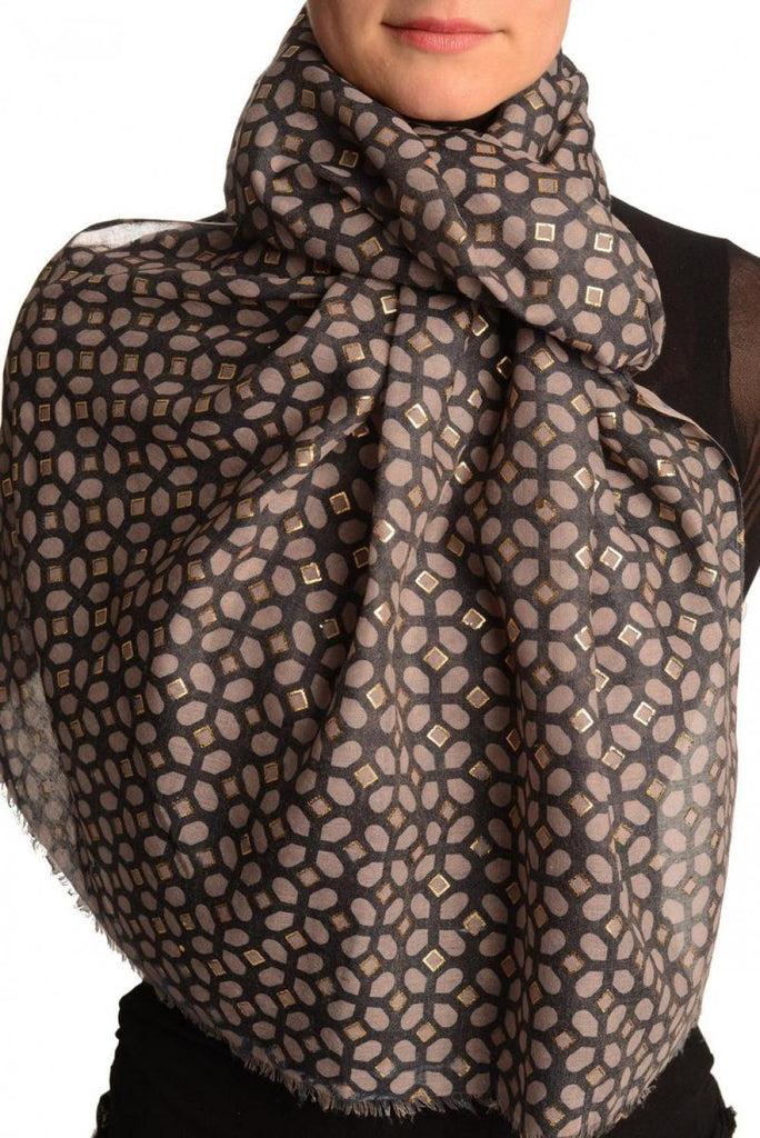 Liss Kiss Brown Moroccan Diamond Grid With Gold Trim On Blue Scarf - Scarf