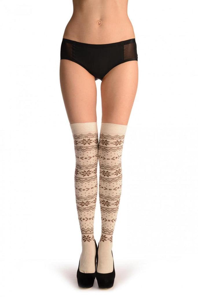 Liss Kiss Brown Nordic Stencil On Cream - Over The Knee Socks