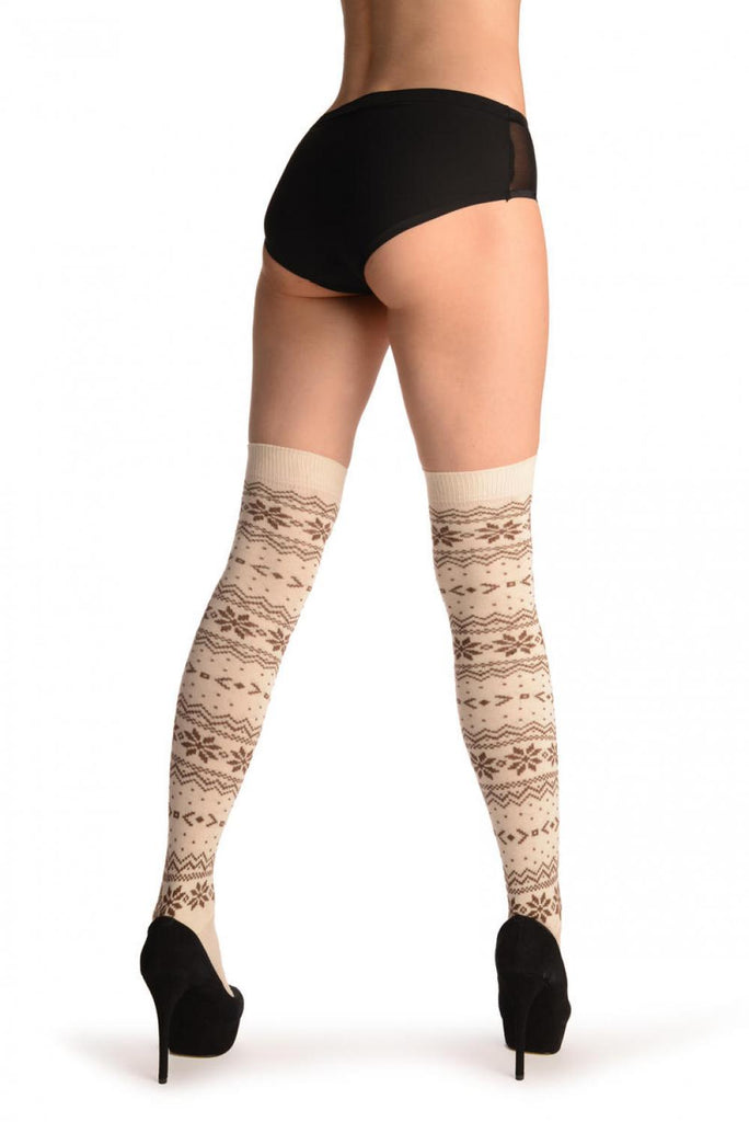 Liss Kiss Brown Nordic Stencil On Cream - Over The Knee Socks