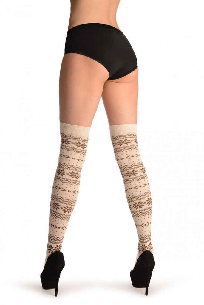 Liss Kiss Brown Nordic Stencil On Cream - Over The Knee Socks