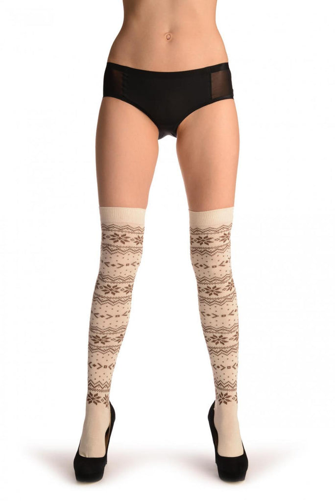 Liss Kiss Brown Nordic Stencil On Cream - Over The Knee Socks
