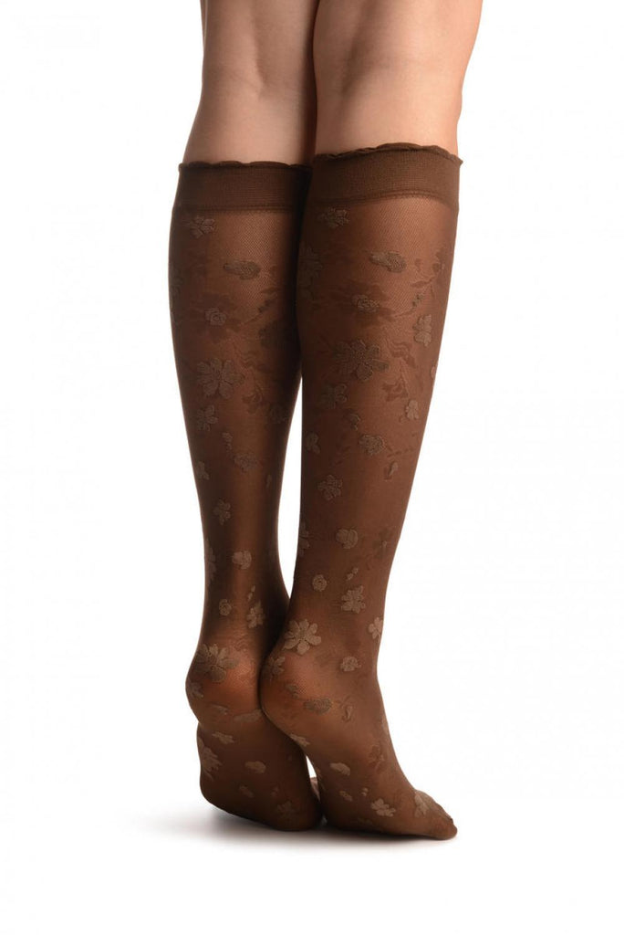 Liss Kiss Brown Opaque Flowers On Micro Mesh Knee High Socks - Socks