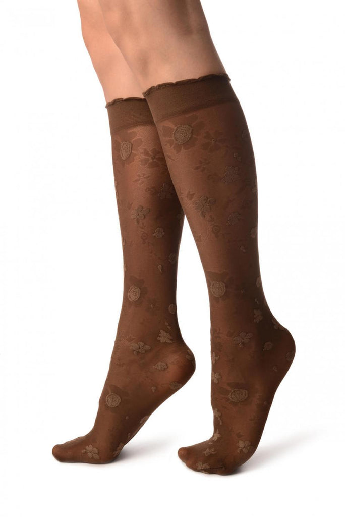 Liss Kiss Brown Opaque Flowers On Micro Mesh Knee High Socks - Socks