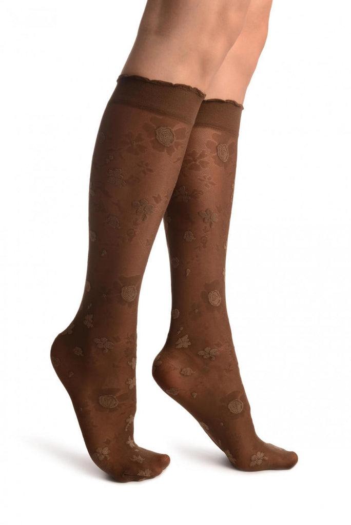 liss kiss Brown Opaque Flowers On Micro Mesh Knee High Socks - Socks