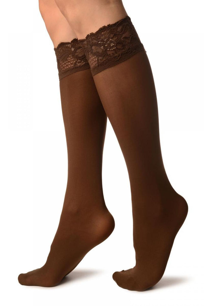 Liss Kiss Brown Pain With Floral Silicon Lace Socks Knee High - Socks