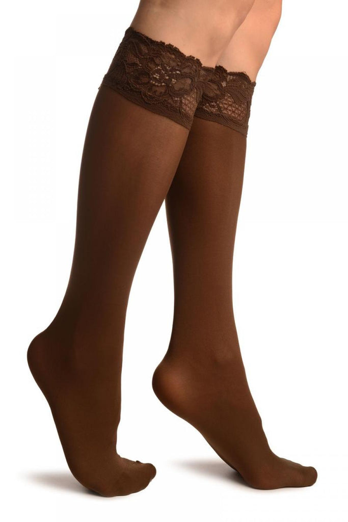 liss kiss Brown Pain With Floral Silicon Lace Socks Knee High - Socks