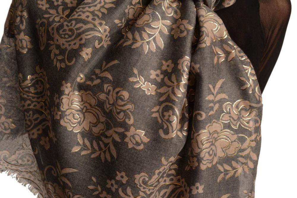 Liss Kiss Brown Paisley With Gold Trim On Blue Scarf - Scarf