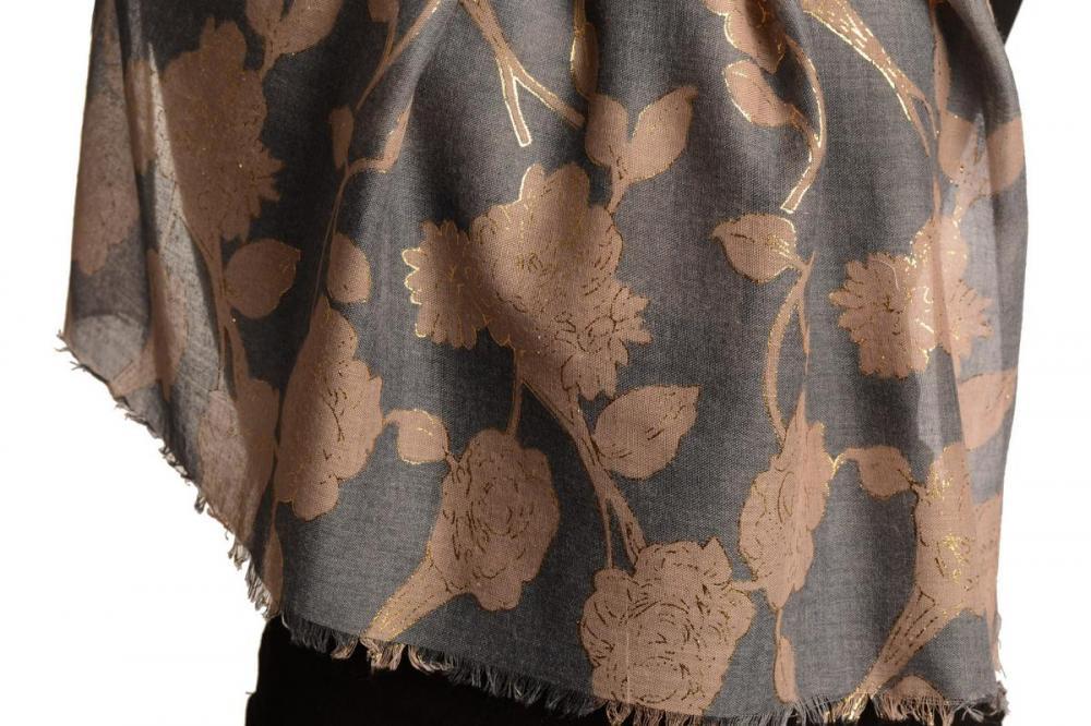 Liss Kiss Brown Roses With Gold Trim On Blue Scarf - Scarf