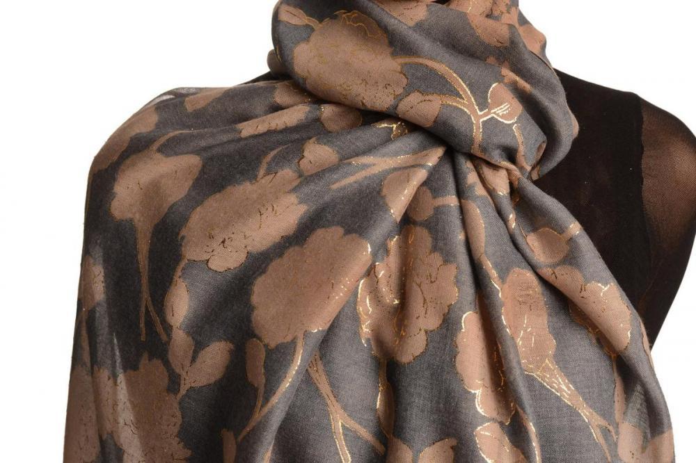 Liss Kiss Brown Roses With Gold Trim On Blue Scarf - Scarf