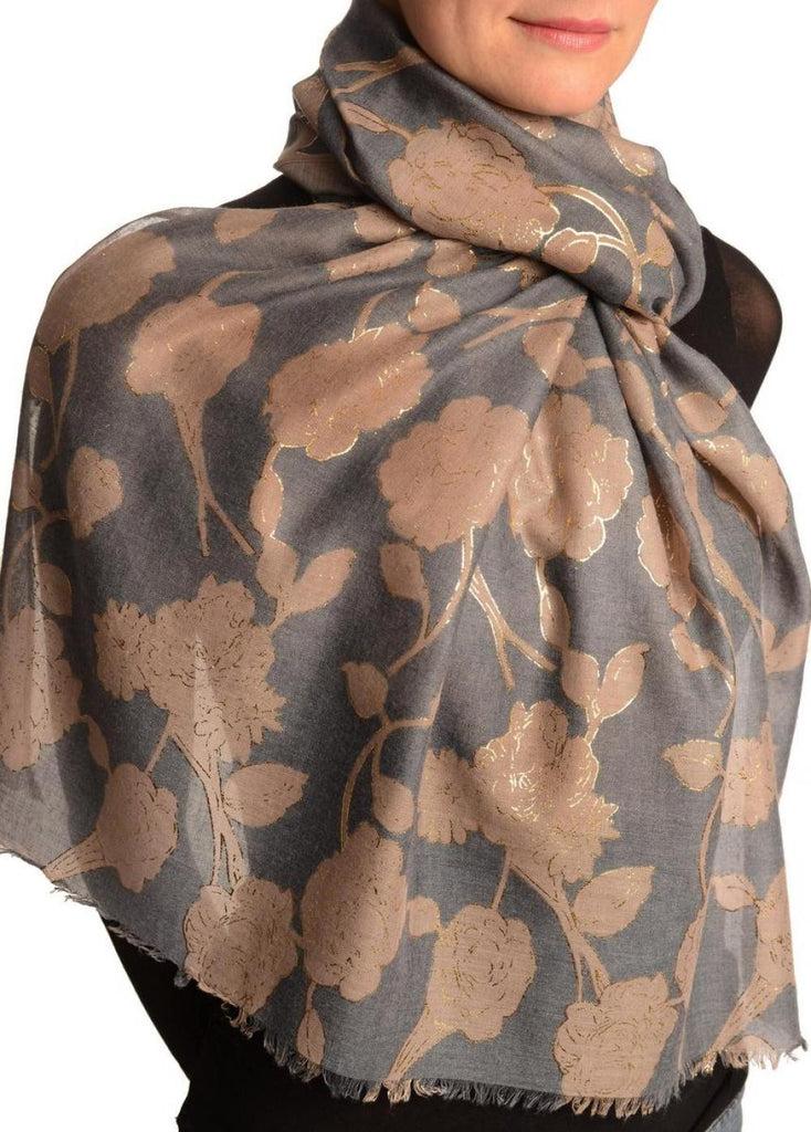 Liss Kiss Brown Roses With Gold Trim On Blue Scarf - Scarf