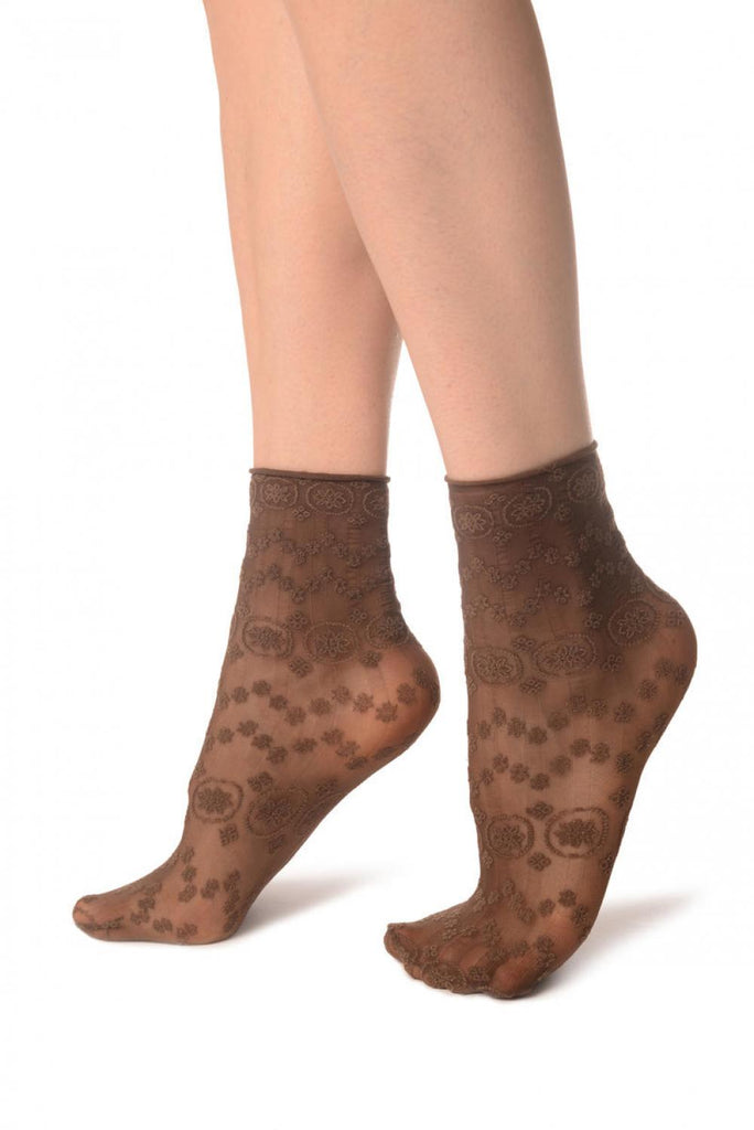 Liss Kiss Brown Water Lilly With Comfortable Top Ankle High Socks - Socks