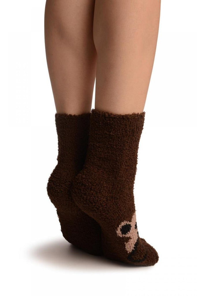 Liss Kiss Brown With Cute Bear Terry Ankle High Socks - Socks