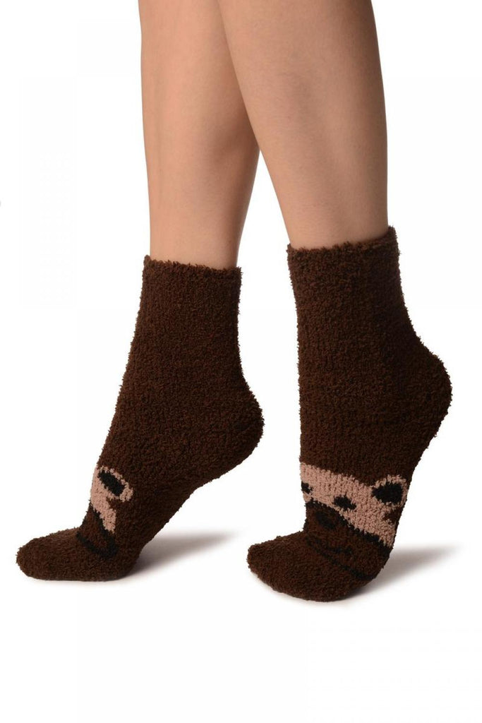 Liss Kiss Brown With Cute Bear Terry Ankle High Socks - Socks