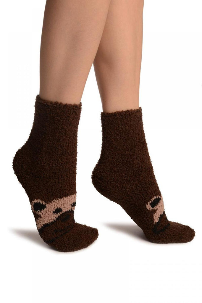 Liss Kiss Brown With Cute Bear Terry Ankle High Socks - Socks