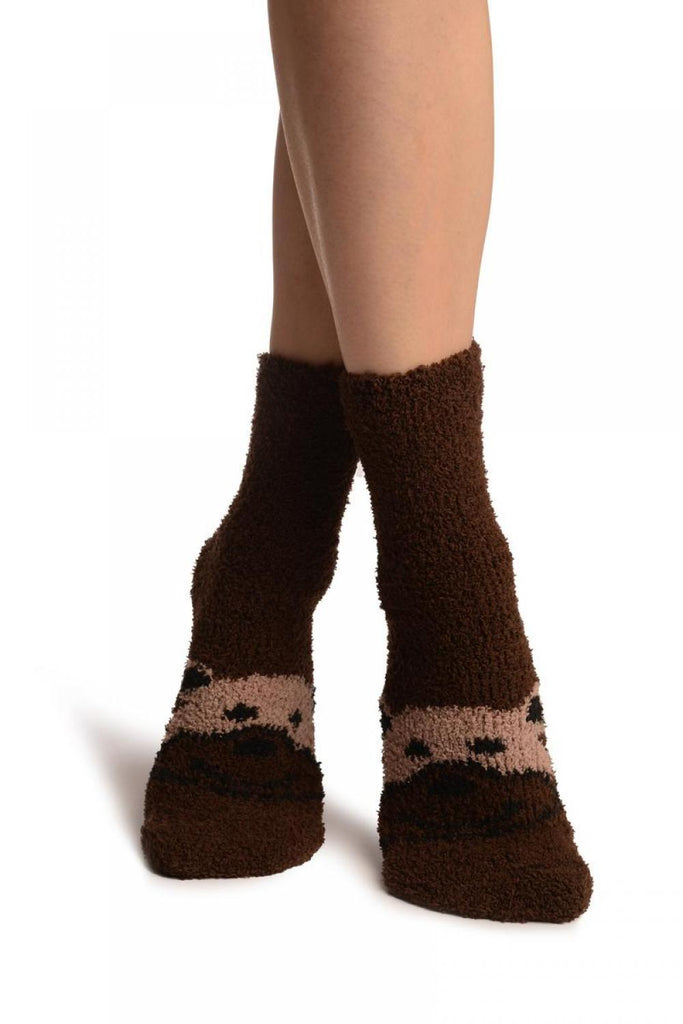 Liss Kiss Brown With Cute Bear Terry Ankle High Socks - Socks