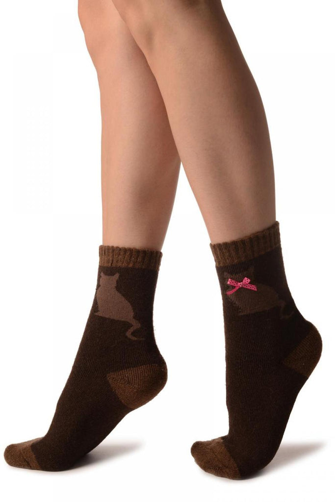 Liss Kiss Brown With Cute Cat & Satin Bow Angora Ankle High Socks - Socks