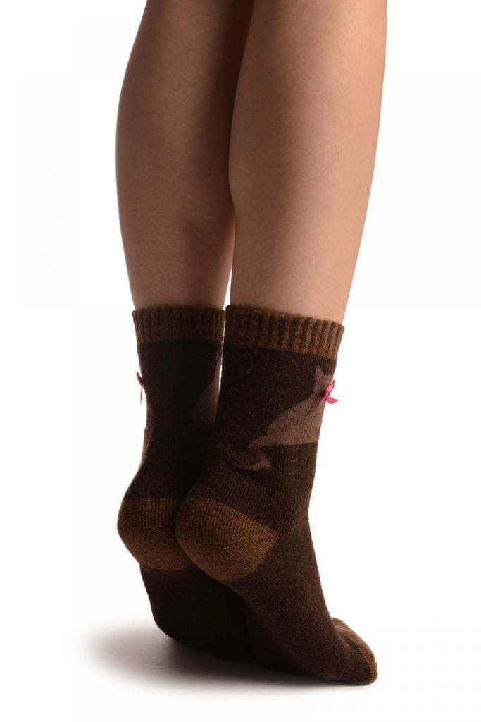 Liss Kiss Brown With Cute Cat & Satin Bow Angora Ankle High Socks - Socks