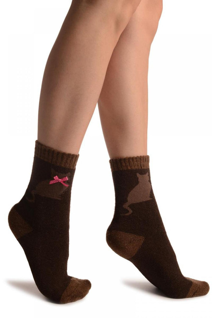 liss kiss Brown With Cute Cat & Satin Bow Angora Ankle High Socks - Socks