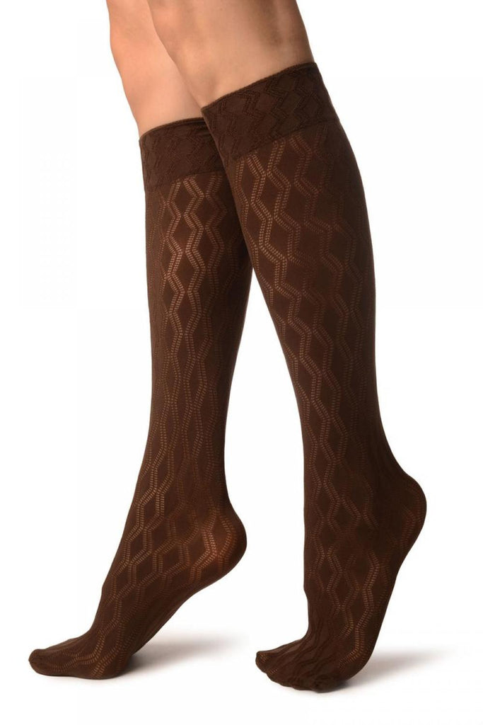 Liss Kiss Brown With Double Rhomb Socks Knee High - Socks